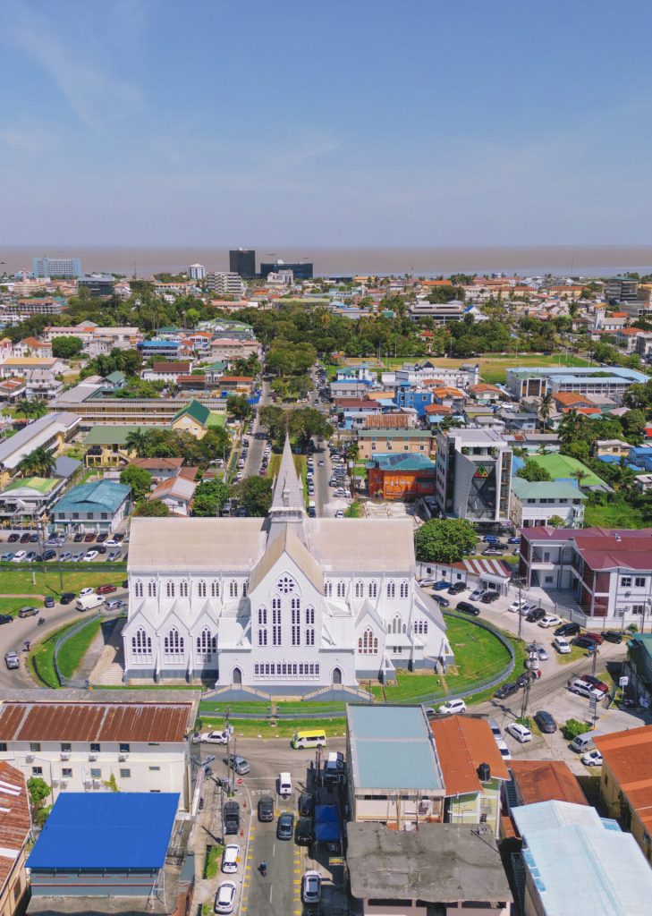 Aerial of downtown Georgetown with St. George's Cathedral Guyana